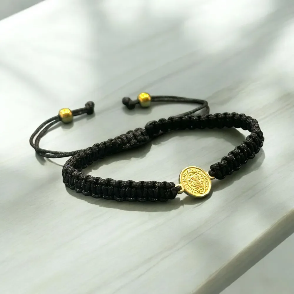 Adjustable Black Braided Bracelet with‎ Gold-Tone Religious Medallion